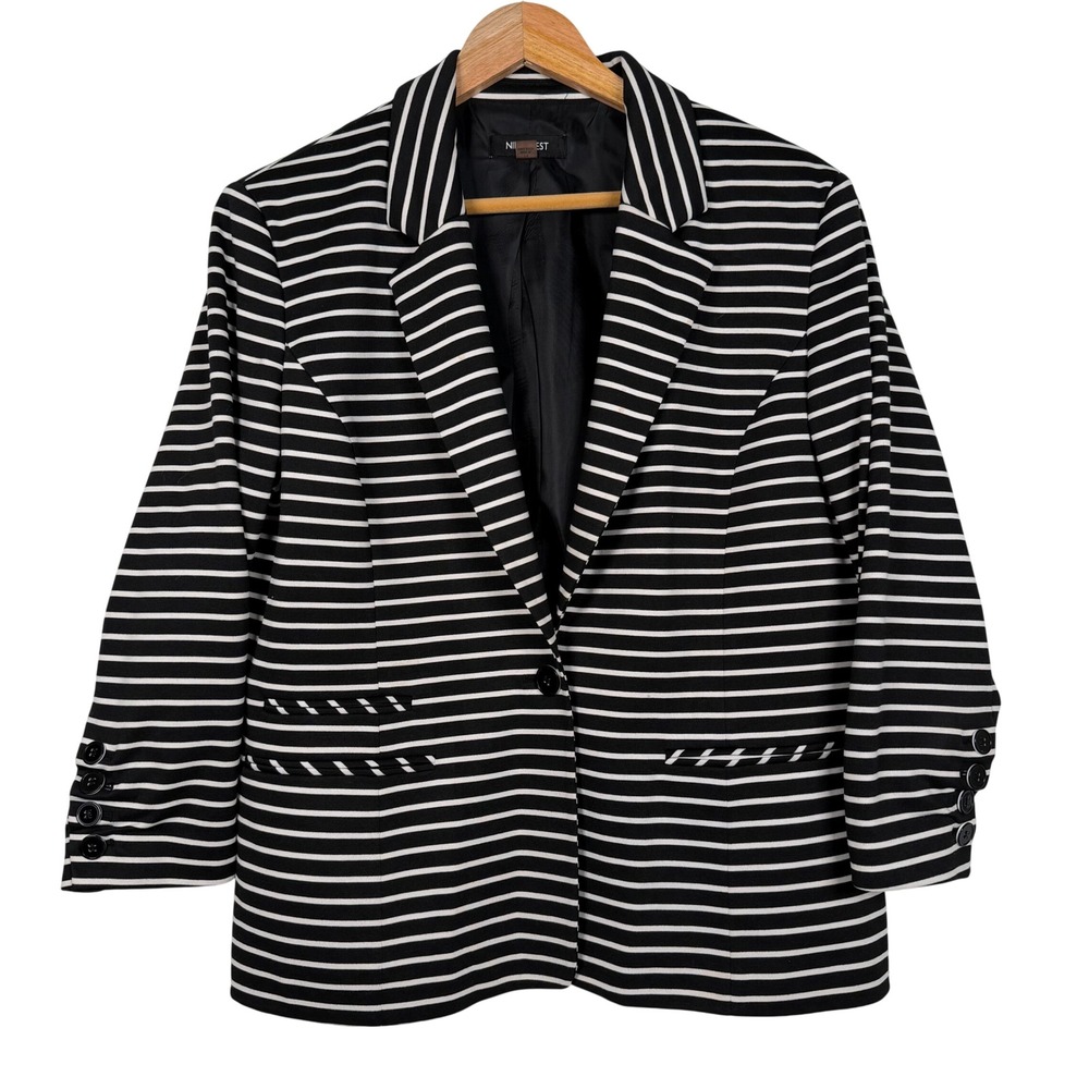 Nine West Womens Black White Striped Single Button Blazer Jacket Size 14